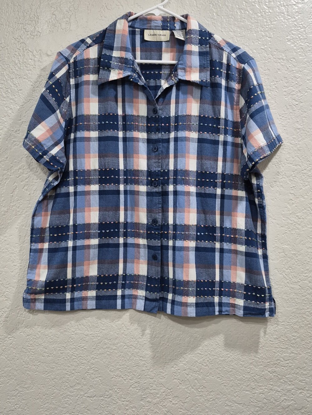 Lemon Grass Cotton Lightweight Blue Plaid Short-Sleeve Shirt XL